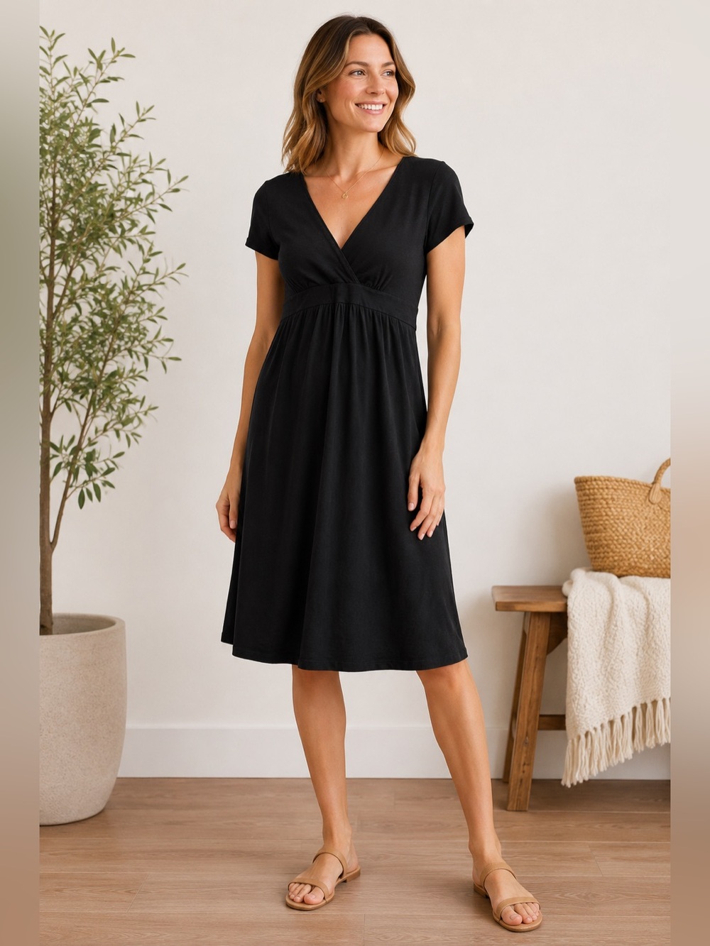 Boden Black Cotton Babydoll Empire Waist V Neck Dress French Girl Normcore 12R